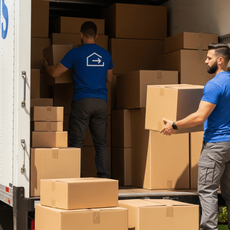 Professional movers moving boxes into a box truck