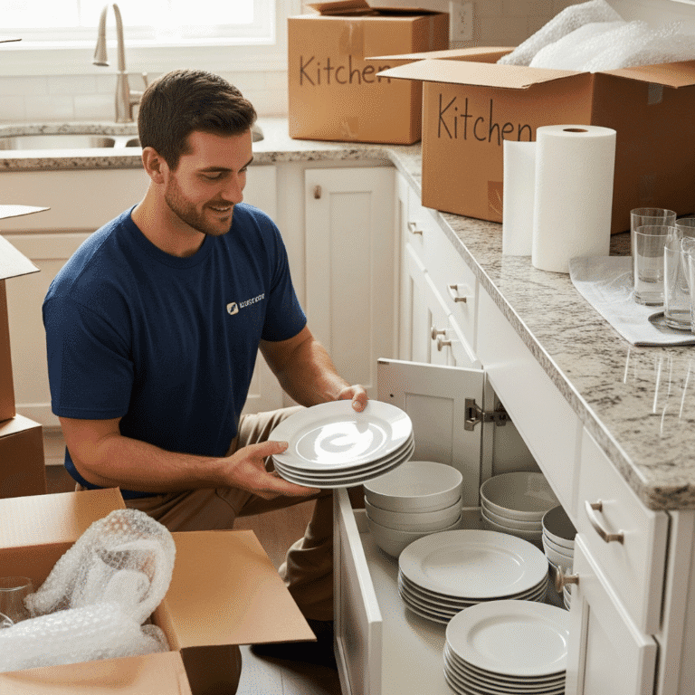 putting away dishes in kitchen